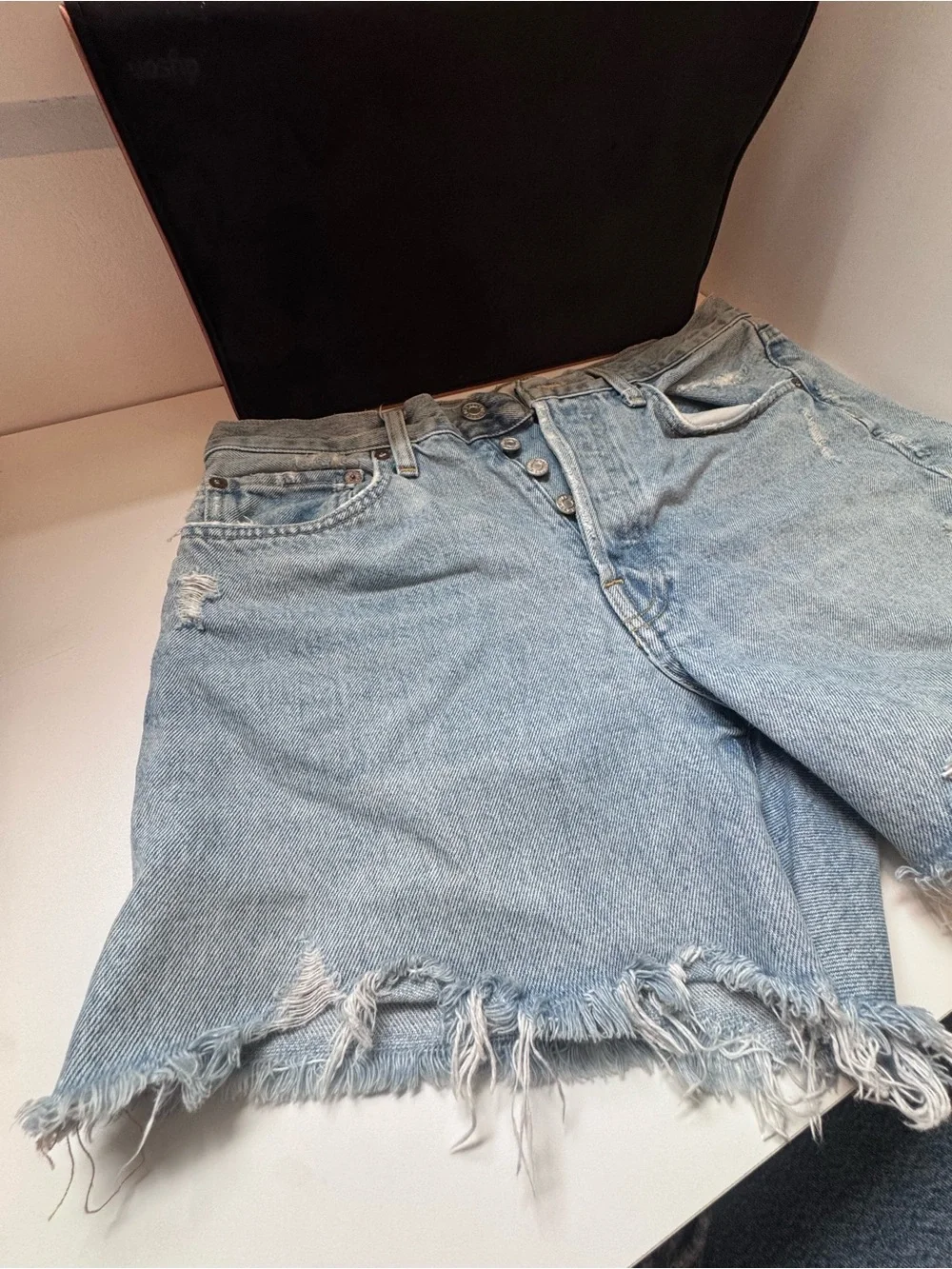 Agolde Light Blue Distressed High-Rise Denim Shorts- Parker Long